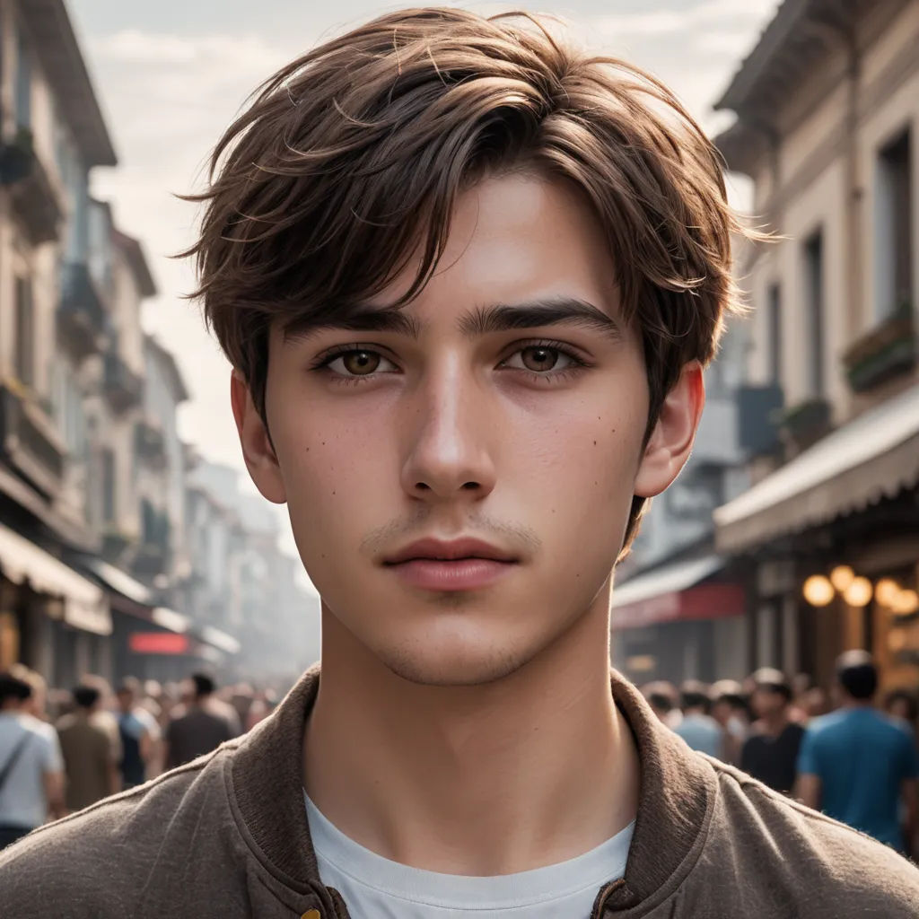 a man with a brown jacket and a white shirt on a street with people walking around and buildings in the background, mannerism, a portrait, Adam Szentpétery, perfect face