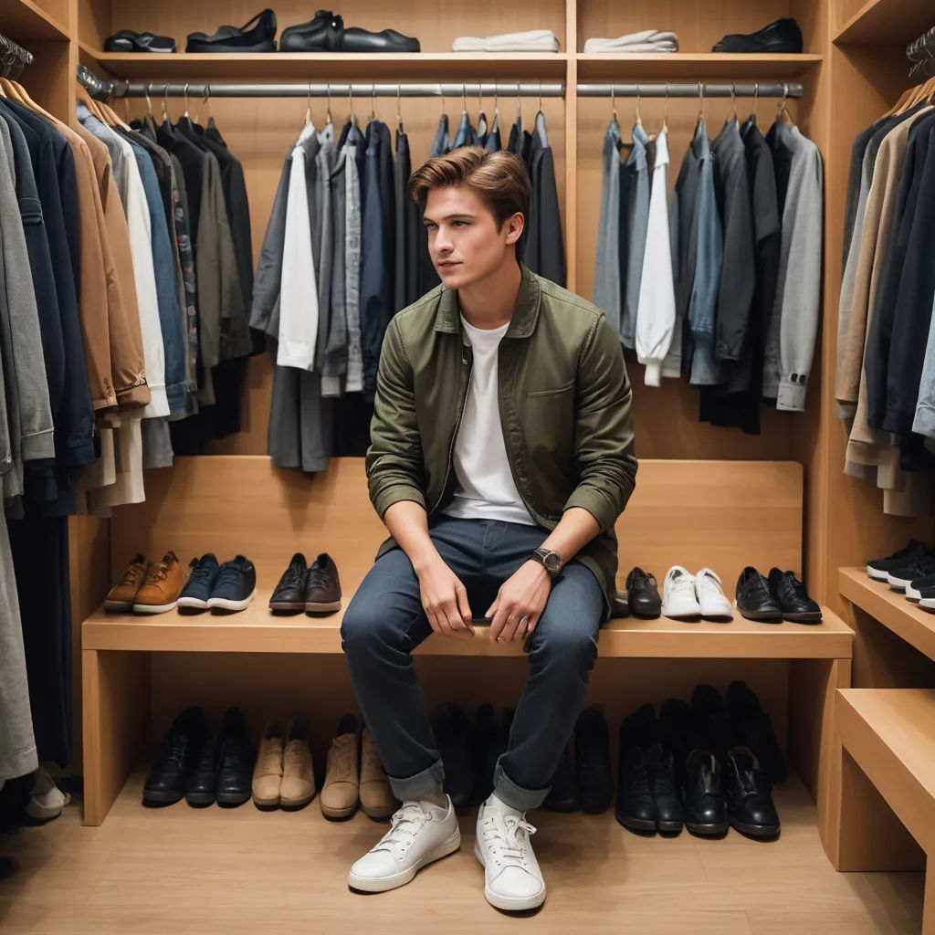 a man sitting on a bench in a closet with shoes and clothes on shelves and a rack of shirts, postminimalism, a character portrait, Christian Hilfgott Brand, neutral colors