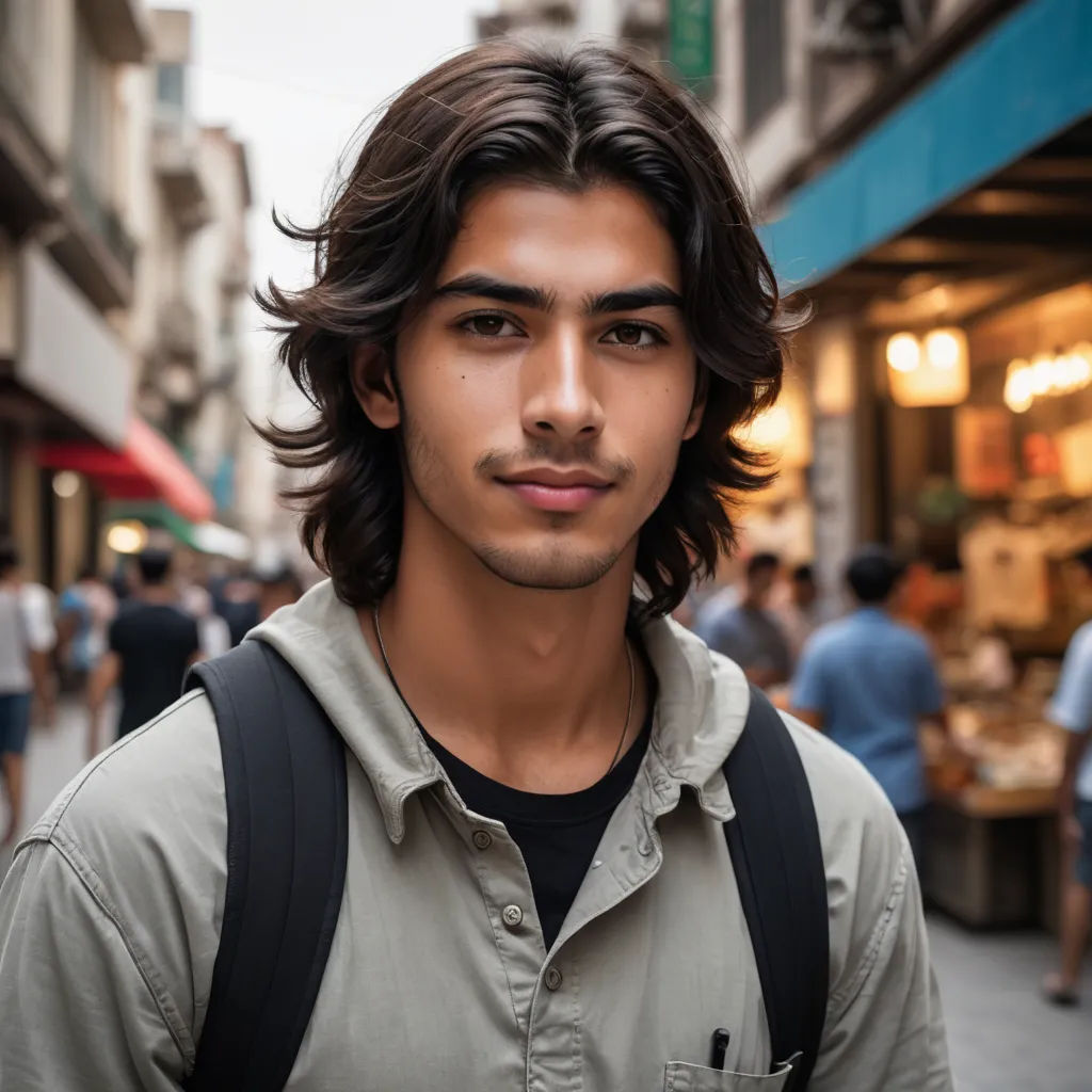 a man with a backpack on a crowded street in a city with people walking around him and a food stand in the background, samikshavad, a character portrait, Cosmo Alexander, jayison devadas