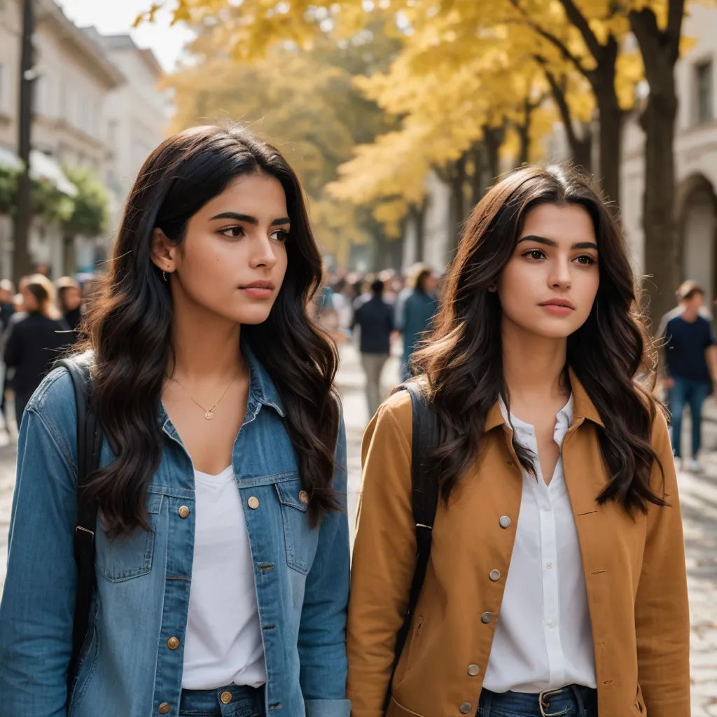 two young women walking down a street in a city with people walking by on the sidewalk and trees in the background, aestheticism, a screenshot, Ambreen Butt, promotional image