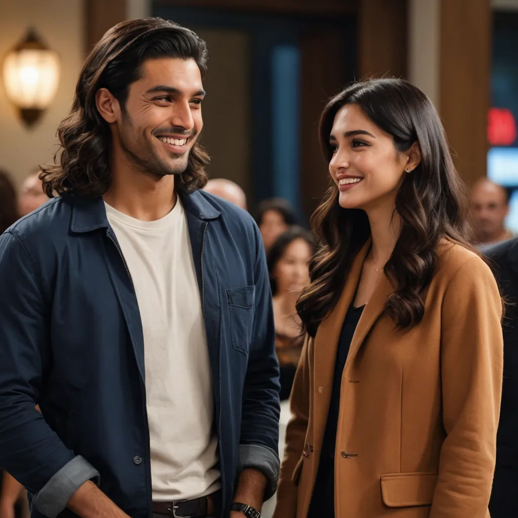 a man and a woman standing next to each other smiling at each other in a room full of people, cloisonnism, a poster, Farid Mansour, promotional image