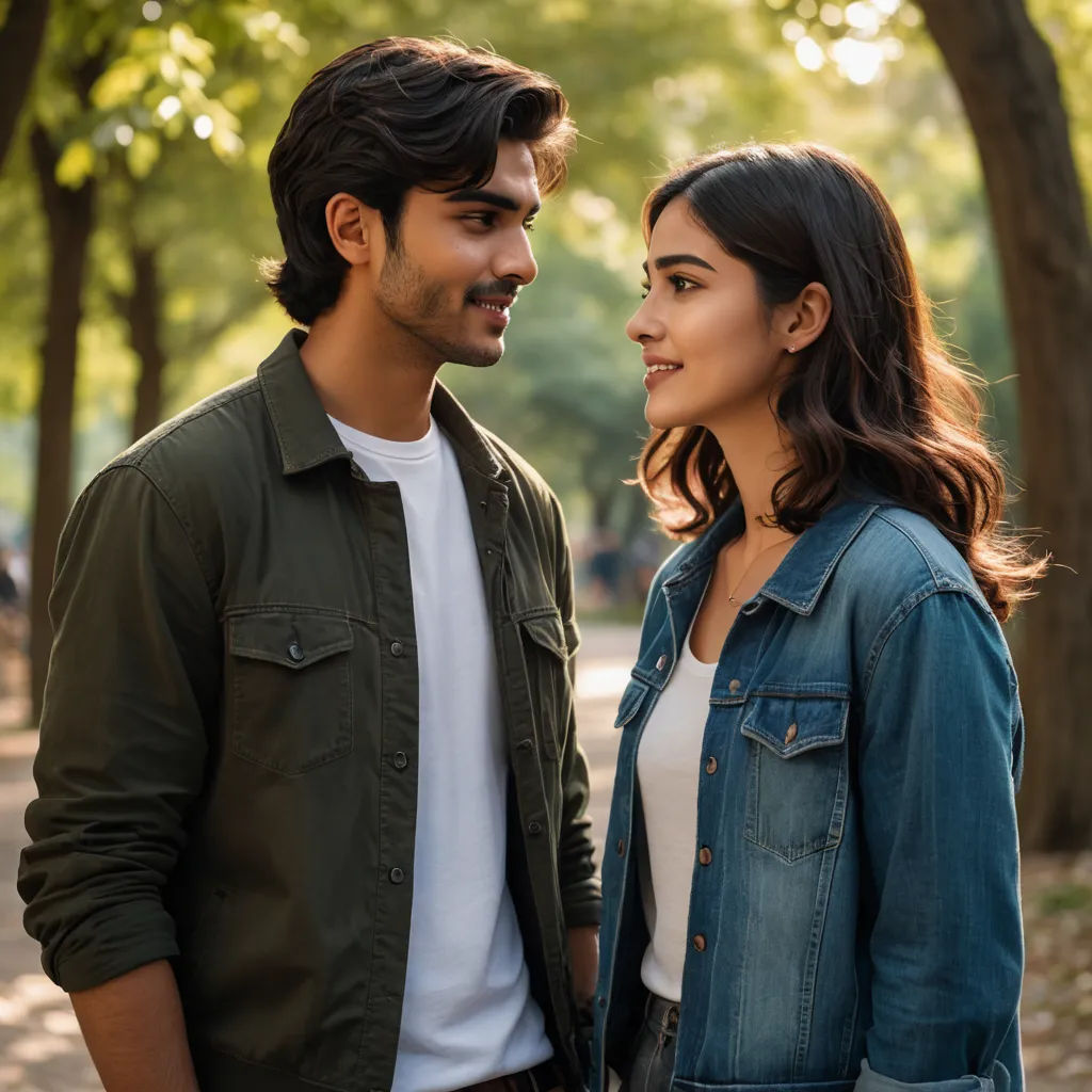 a man and a woman standing next to each other in a park with trees in the background and a man looking at the woman, samikshavad, a stock photo, Fathi Hassan, promotional image
