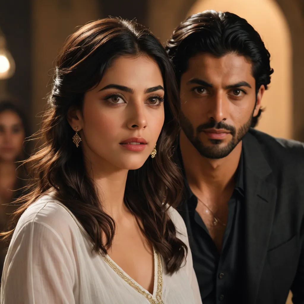 a man and a woman standing next to each other in a room with people in the background and one woman wearing a white dress, arabesque, a poster, Altoon Sultan, promotional image