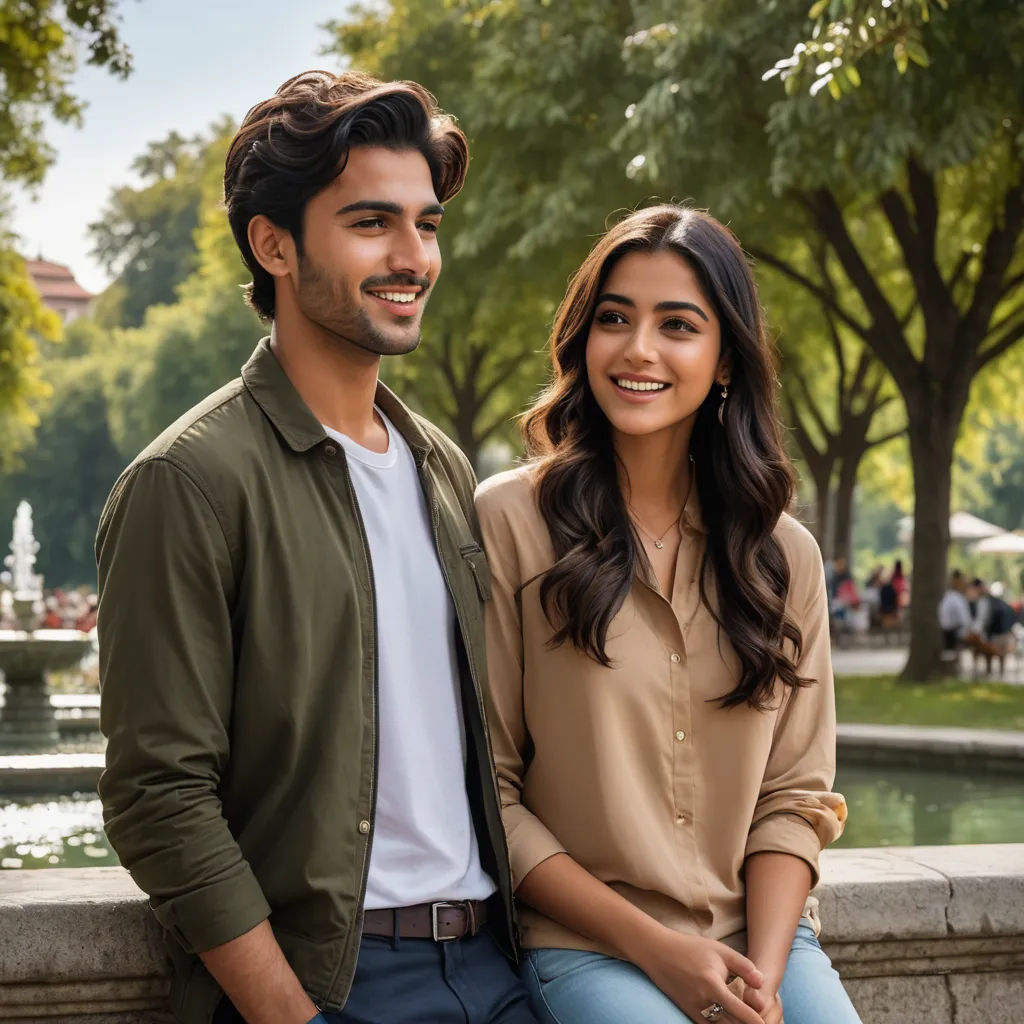 a man and a woman sitting next to each other on a stone wall near a pond and trees in the background, samikshavad, a stock photo, Fathi Hassan, promotional image