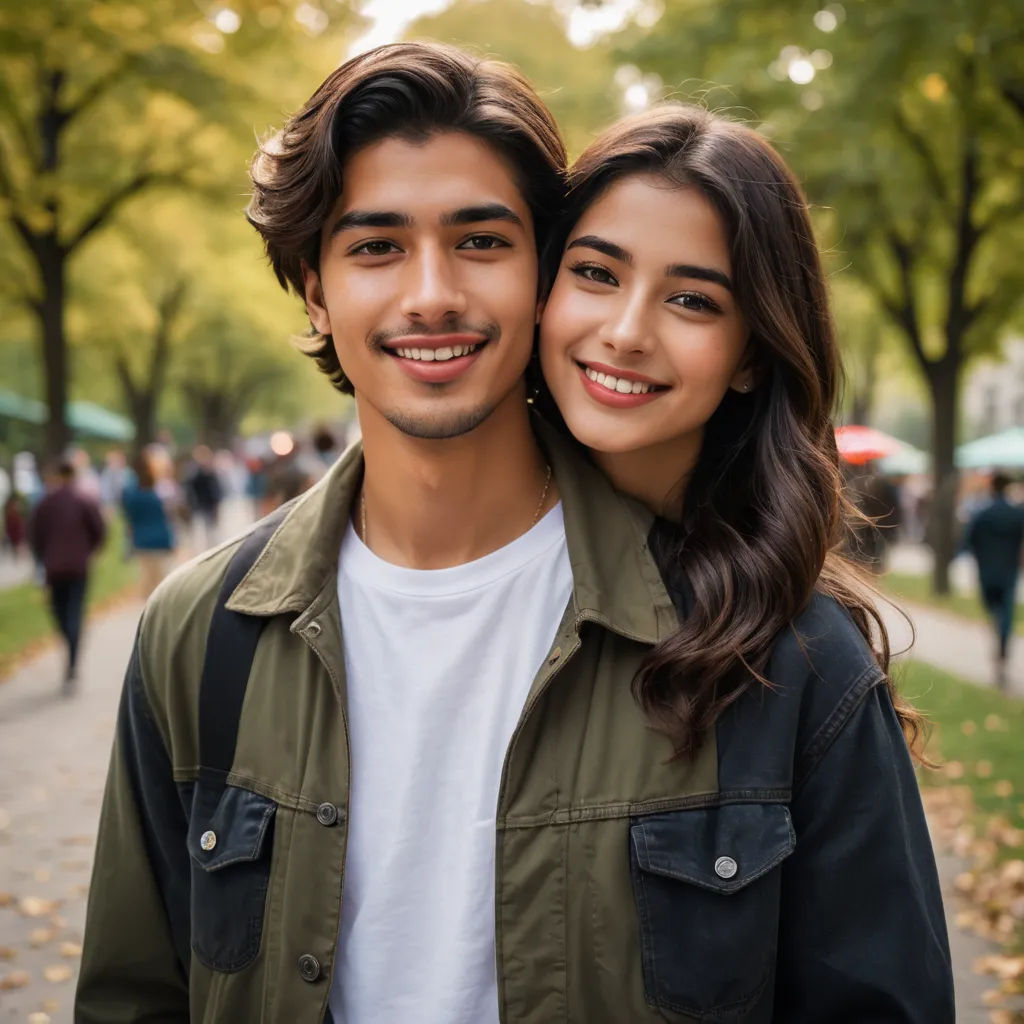 a man and a woman are standing together in a park with trees and people in the background and a woman is smiling, rayonism, a stock photo, Eddie Mendoza, portrait photography