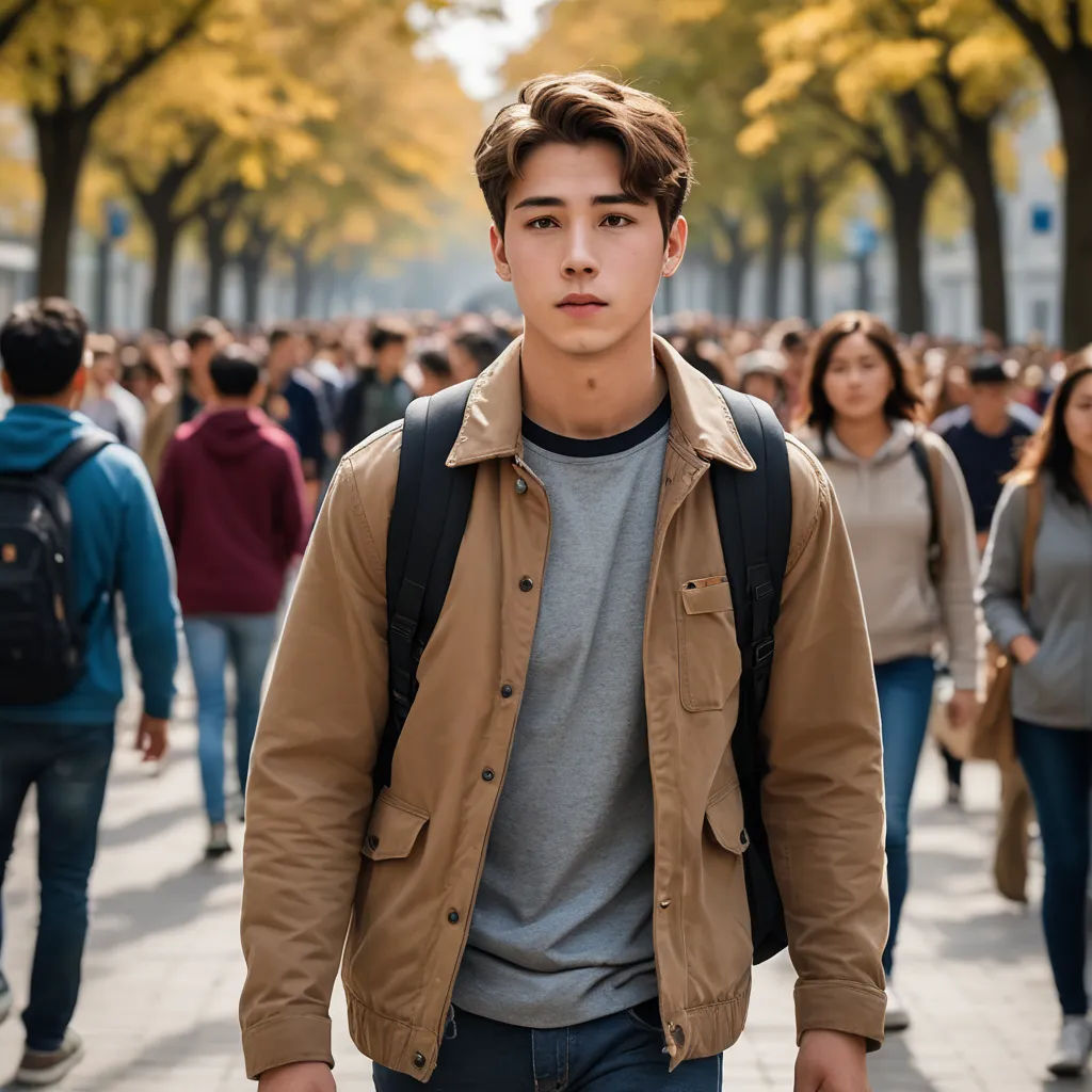 a man with a backpack walking down a street with a lot of people behind him and trees lining the street, vancouver school, a stock photo, David Park, portrait photography