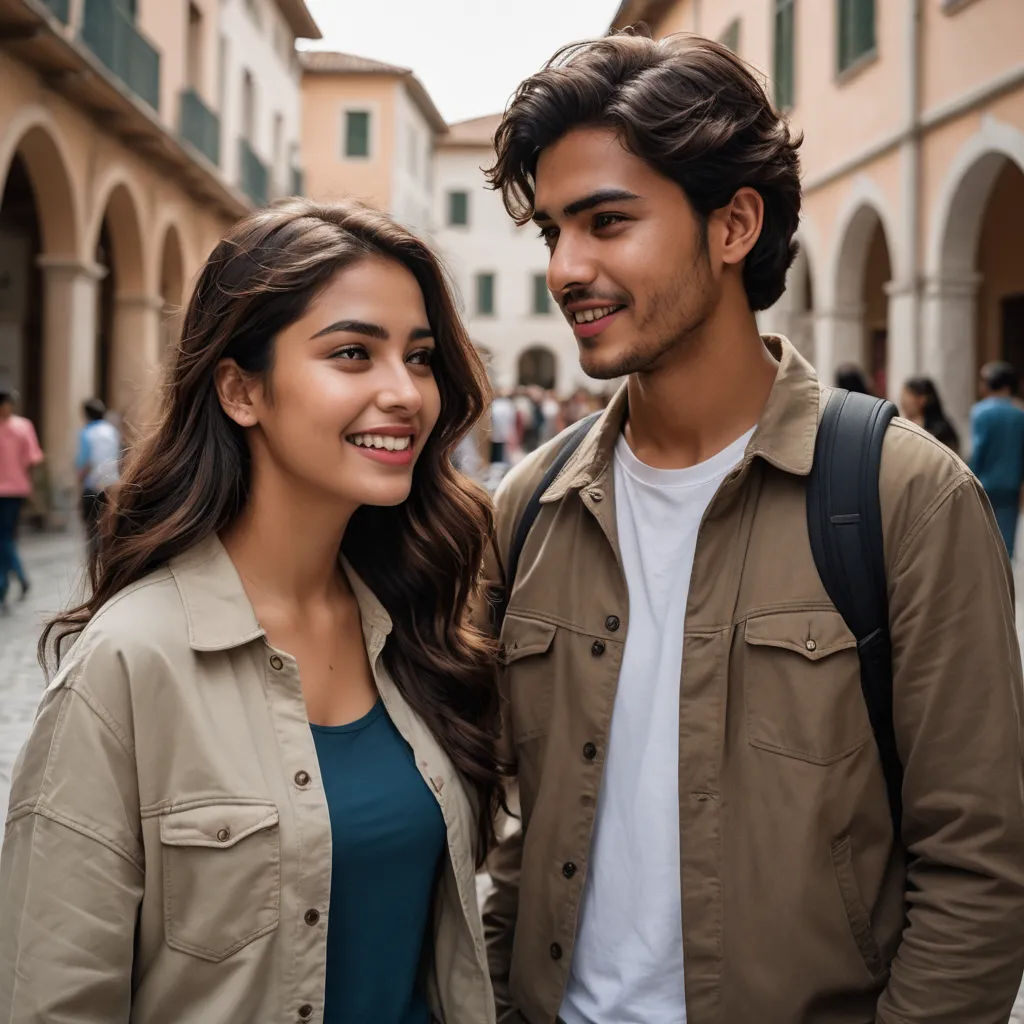 a man and a woman standing in a street smiling at the camera with a building in the background and people walking around, mannerism, a stock photo, Abidin Dino, promotional image