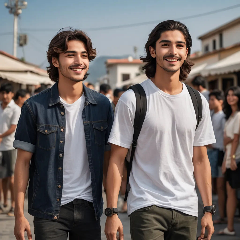 two young men walking down a street with a crowd of people behind them and a blue sky in the background, heidelberg school, a photocopy, Fathi Hassan, movie still