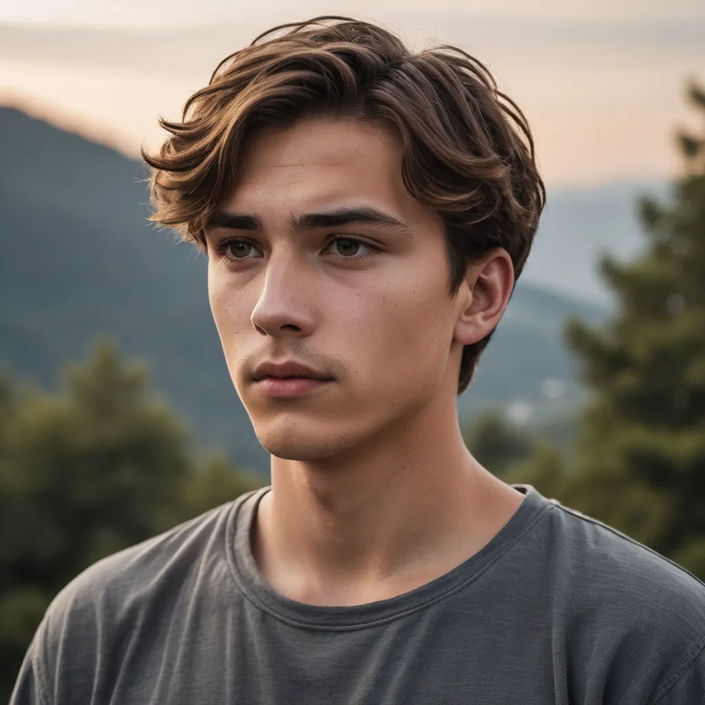 a young man with a serious look on his face and a mountain in the background with trees and bushes, mannerism, a character portrait, Etienne Delessert, kai carpenter