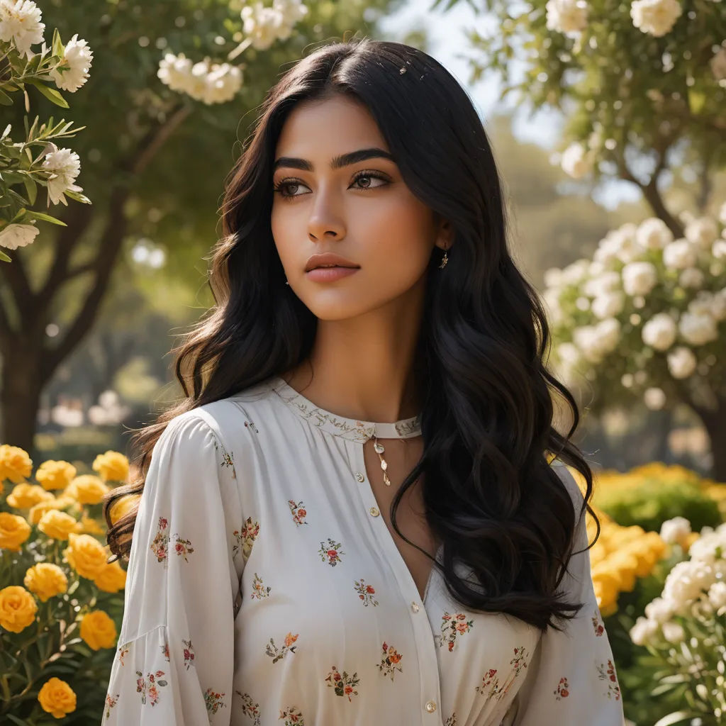 a woman standing in front of a bush of flowers wearing a white blouse and a necklace with flowers on it, private press, a portrait, Ayshia Taşkın, jayison devadas