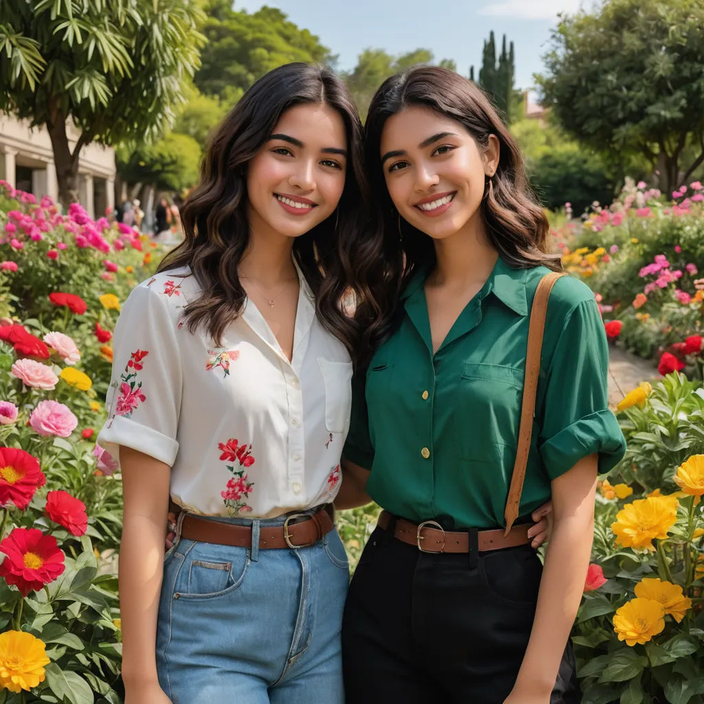 two women standing next to each other in front of flowers and trees and bushes with a building in the background, barbizon school, a stock photo, Ayshia Taşkın, symmetrical facial features