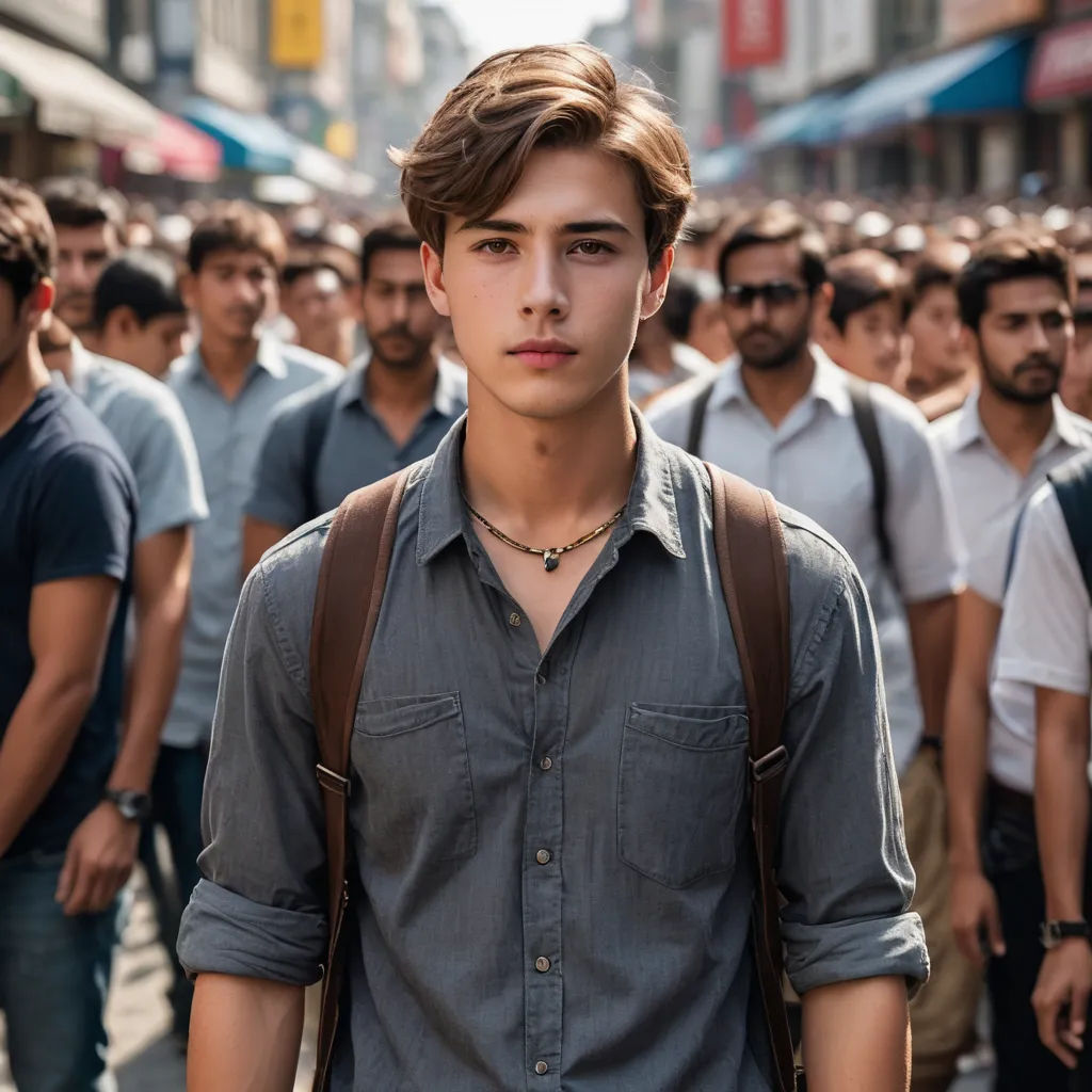 a man with a backpack standing in front of a crowd of people in a city street with buildings in the background, aestheticism, a poster, David Park, movie still