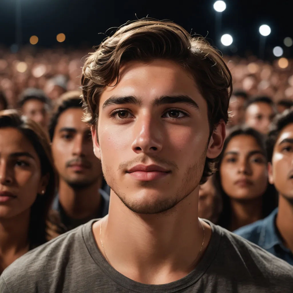 a man standing in front of a crowd of people at a concert or event with his eyes open and his head tilted, neoism, a poster, Adam Dario Keel, perfect face