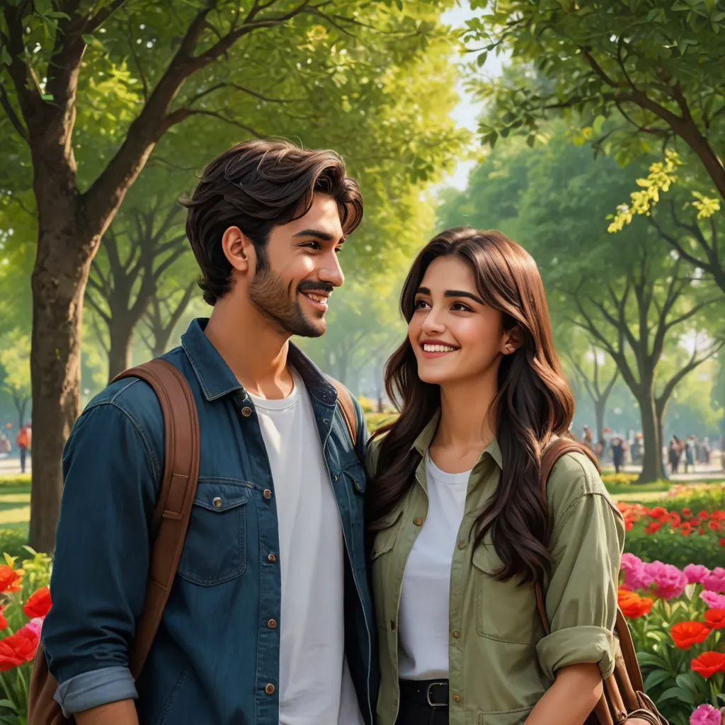 a man and a woman standing in a park with flowers in the background and trees in the foreground, american scene painting, an oil painting, Fathi Hassan, promotional image