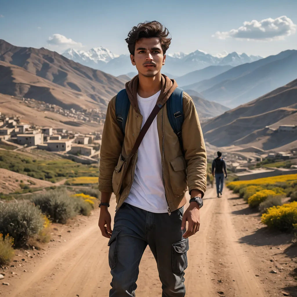 a man standing on a dirt road in the mountains with a backpack on his shoulder and a backpack on his shoulder, serial art, a character portrait, Amir Zand, promotional image