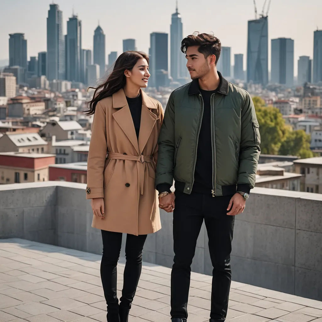 a man and woman standing next to each other on a roof top with a city in the background,, romanticism, a stock photo, Christian Hilfgott Brand, city background