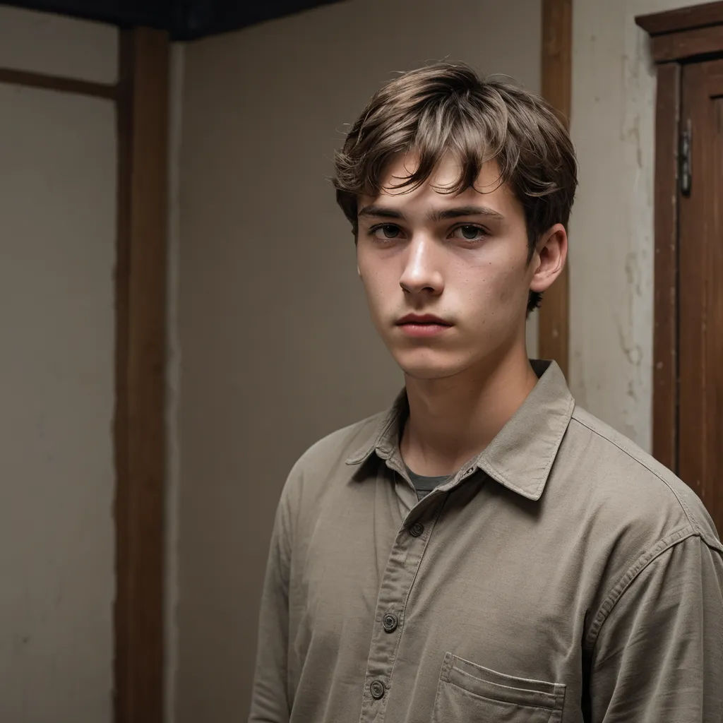 a young man standing in a room with a door open and looking at the camera with a serious look on his face, serial art, a character portrait, David Park, promotional image