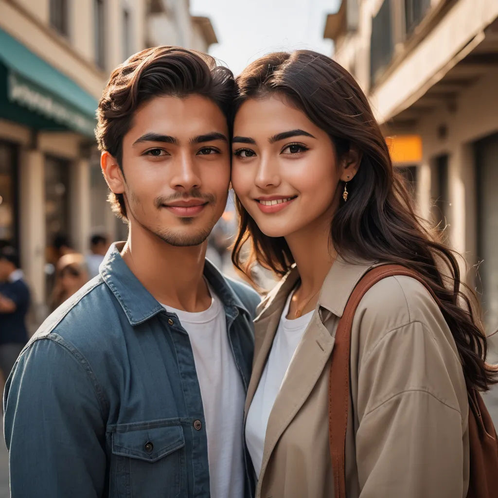 a man and a woman standing next to each other in front of a building with a green awning, mannerism, a stock photo, Abidin Dino, portrait photography