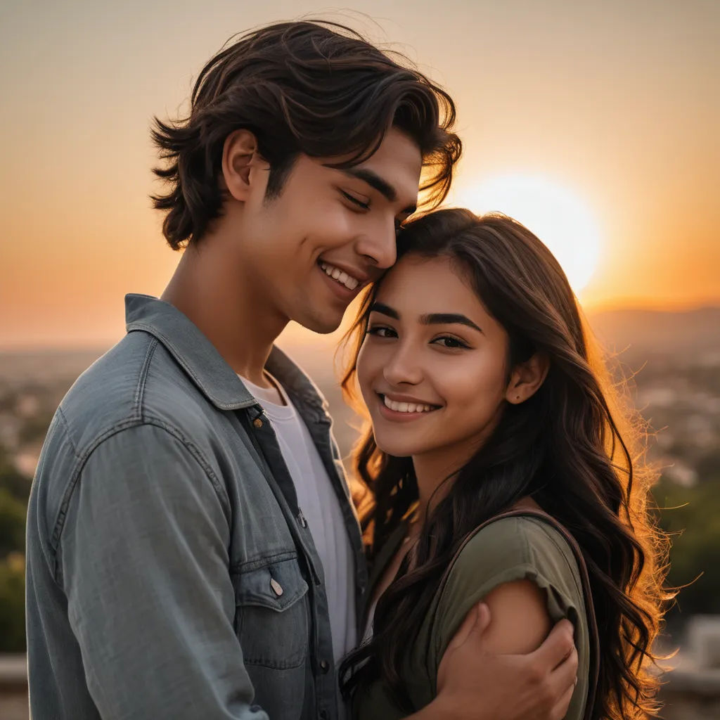 a man and a woman are smiling at the camera while the sun sets in the background behind them and the city below them, romanticism, a stock photo, Darrell Riche, portrait photography