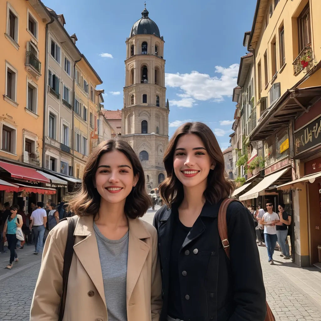 two women standing next to each other in front of a building with a clock tower in the background and people walking around, cloisonnism, a photocopy, Bourgeois, symmetrical facial features