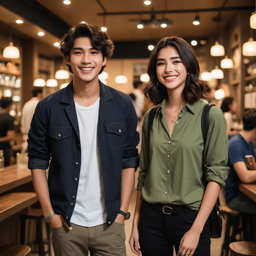 a man and a woman standing in a restaurant together smiling at the camera and posing for a picture with the man in the background, sumatraism, a stock photo, Cui Bai, promotional image