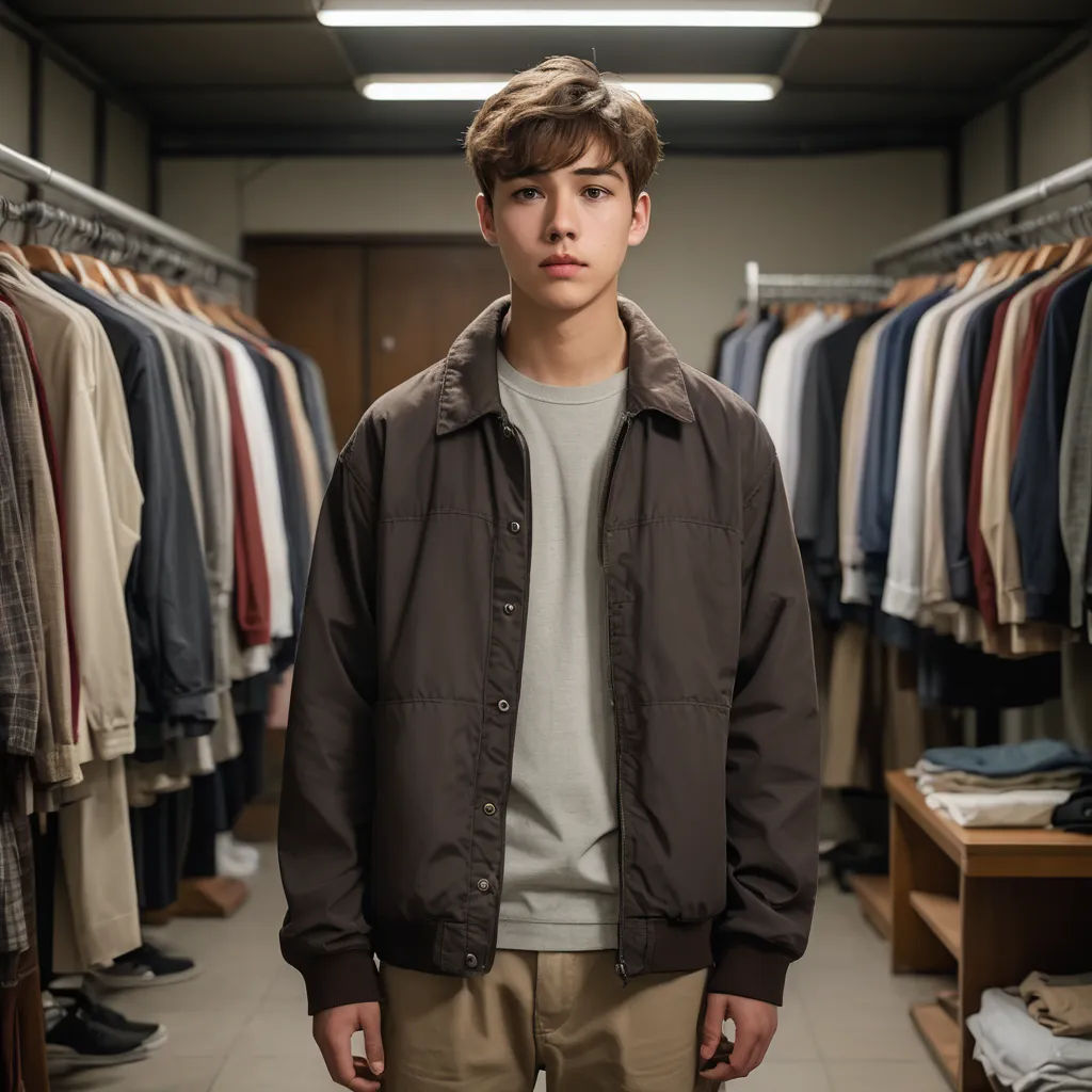 a young man standing in front of a rack of shirts in a store or clothing store, with a jacket on, postminimalism, a character portrait, David Park, movie still