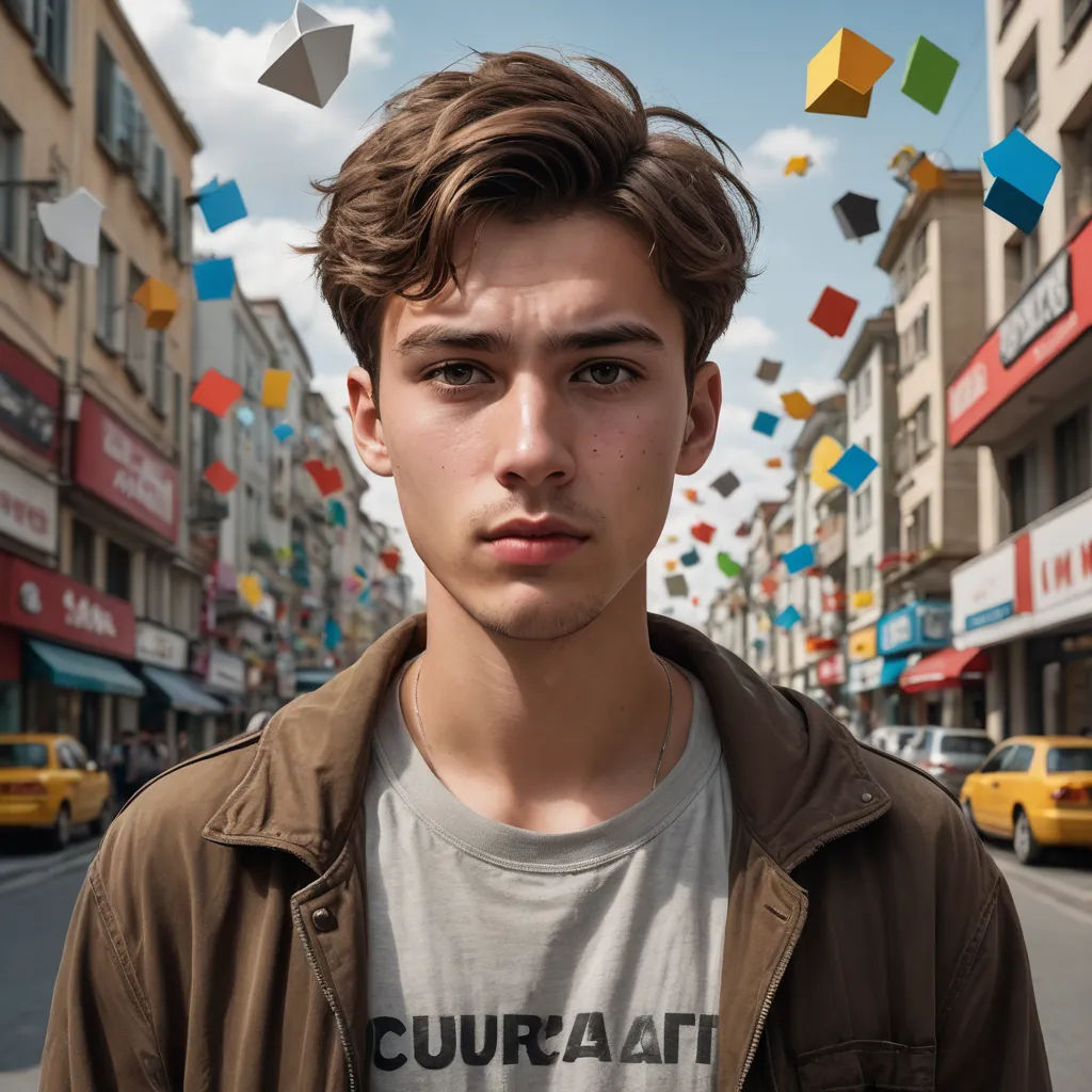 a man standing in the middle of a street with a bunch of kites flying above him and buildings in the background, cubo-futurism, a character portrait, Etienne Delessert, anamorphic