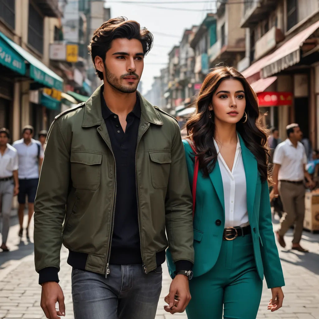 a man and a woman walking down a street holding hands and looking at the camera with a man in the background, samikshavad, a poster, Altoon Sultan, movie still