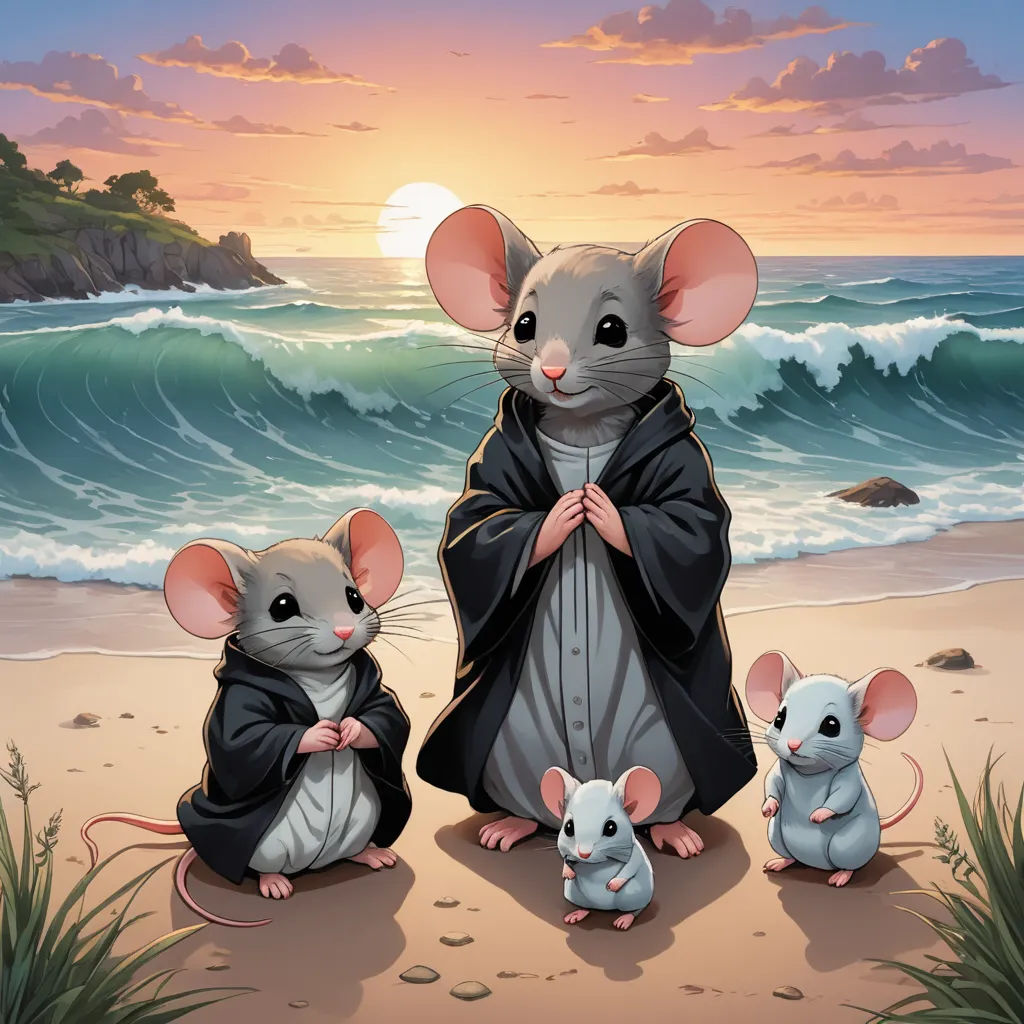 a painting of three mice on a beach with a sunset in the background and a person in a robe, sots art, a storybook illustration, Chris Rallis, kinkade