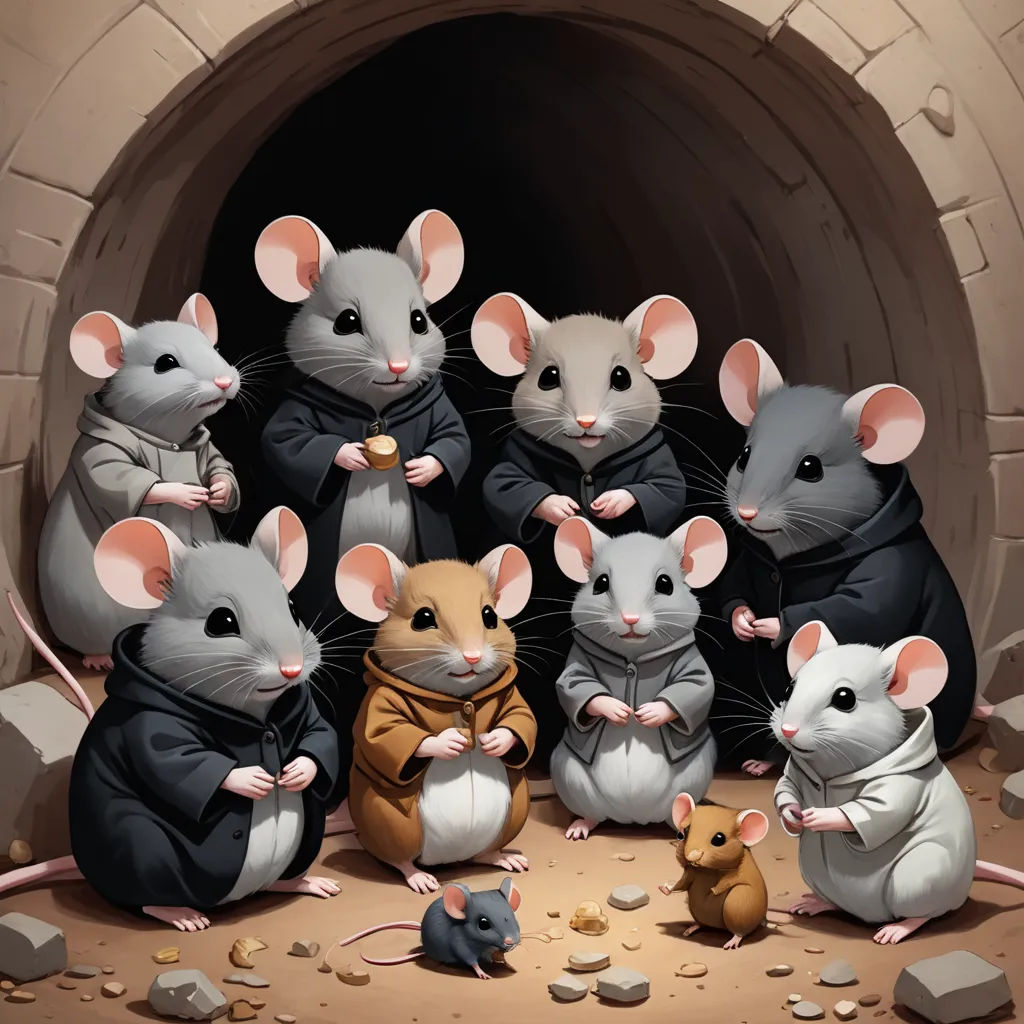 a group of mice standing in front of a tunnel with a mouse in it's mouth and a mouse in the middle, furry art, a storybook illustration, Brian Despain, trending on art station