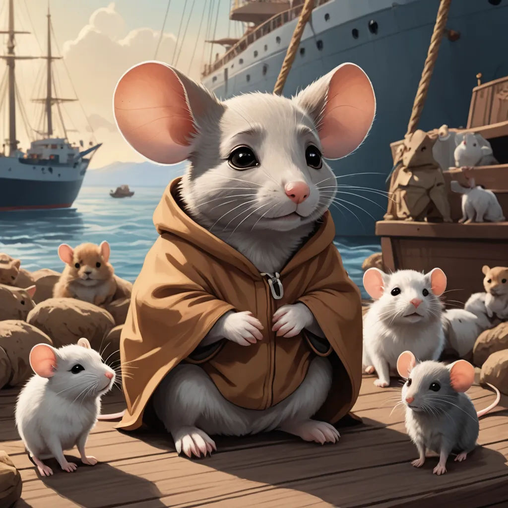 a mouse with a cape on standing in front of a group of mice on a dock with a ship in the background, sots art, a storybook illustration, Brian Despain, official art