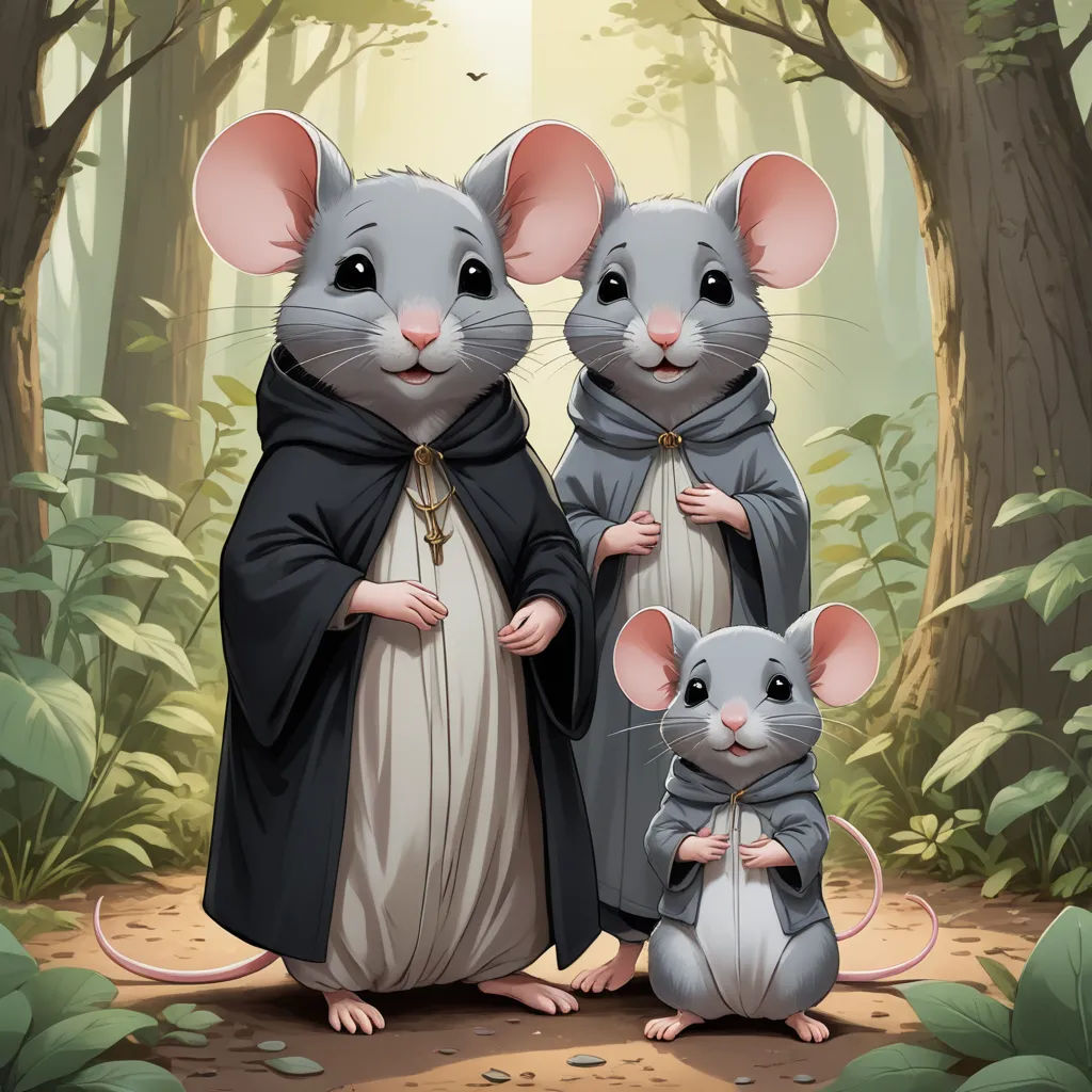a couple of mice standing next to each other in a forest with trees and leaves on the ground and a sun shining through the trees, sots art, a storybook illustration, Chris Rallis, official art