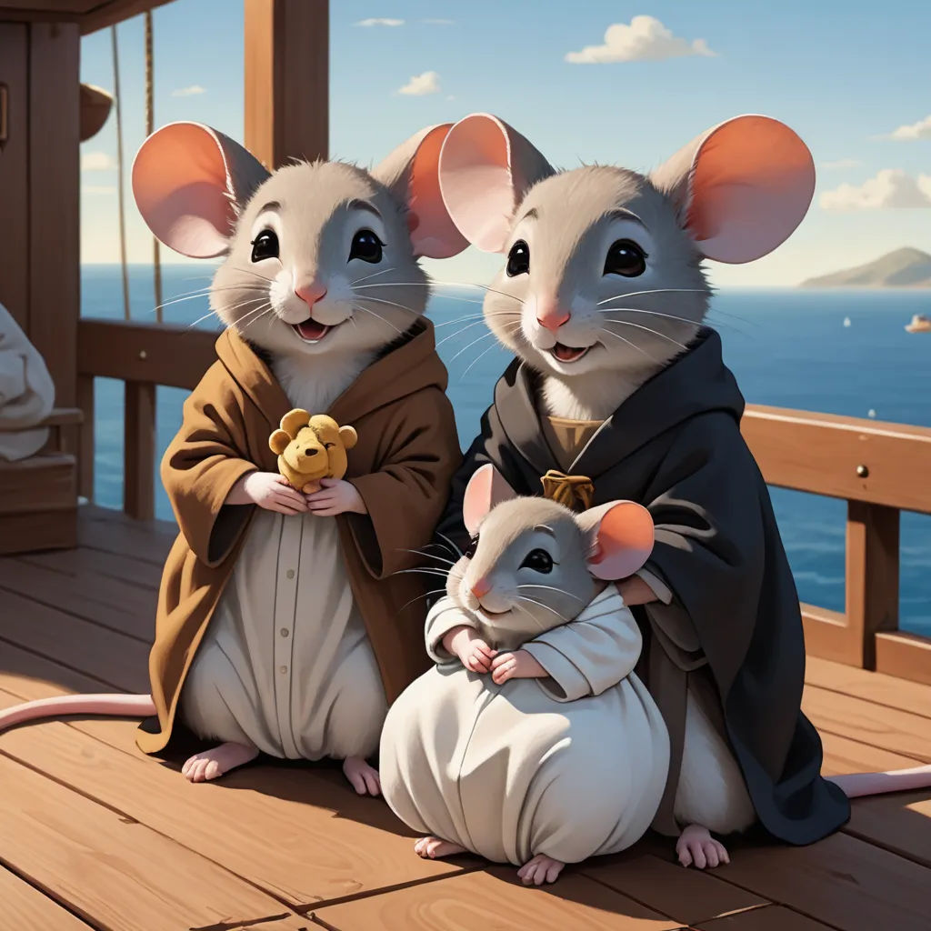 two mice dressed in robes and holding a cookie in their hands, sitting on a deck overlooking the ocean, sots art, a storybook illustration, Aaron Jasinski, official art