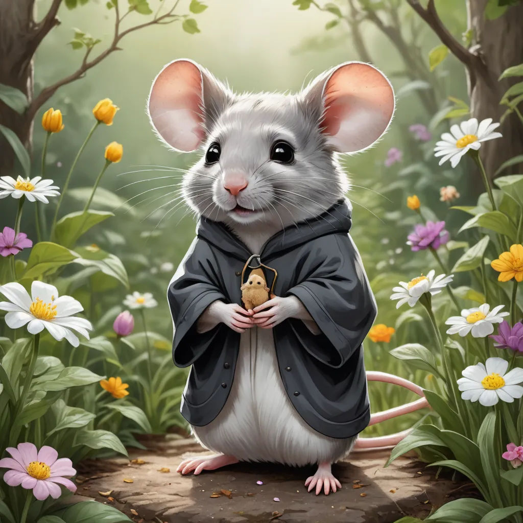 a mouse with a bell in a forest with flowers and trees in the background, with a mouse in the foreground, fantasy art, a character portrait, Dave Melvin, magic the gathering artwork