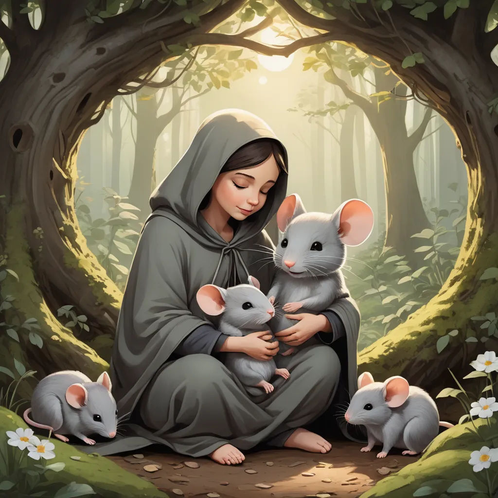 a woman in a hooded sweatshirt holding two mice in a forest with trees and flowers around her, with a light shining through the trees, fantasy art, a storybook illustration, Aaron Jasinski, storybook illustration