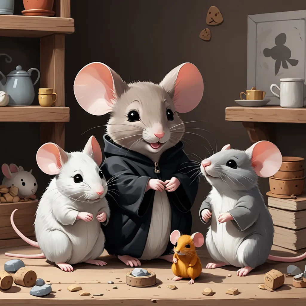 a group of mice standing next to each other in a room with shelves and a mouse on the floor, fantasy art, a storybook illustration, Chris Rallis, trending on art station