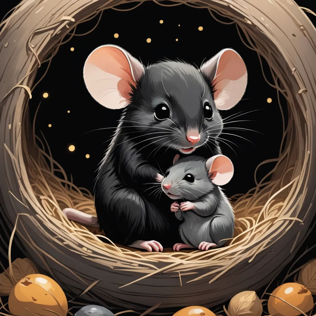 a mouse and a rat in a nest with eggs on a black background illustration of a mouse and a rat in a nest with eggs on a black background, gothic art, a storybook illustration, Brian and Wendy Froud, storybook illustration