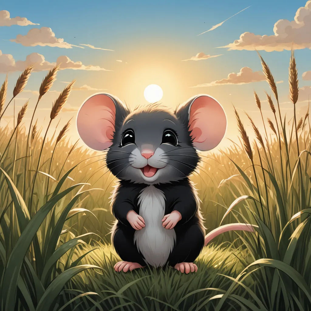 a mouse sitting in a field of grass with the sun in the background and clouds in the sky above, sots art, a storybook illustration, Art Spiegelman, sun