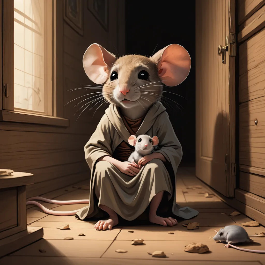 a mouse sitting on the floor with a mouse in its lap and a mouse in its lap, in front of a doorway, fantasy art, a storybook illustration, Brian Despain, storybook illustration