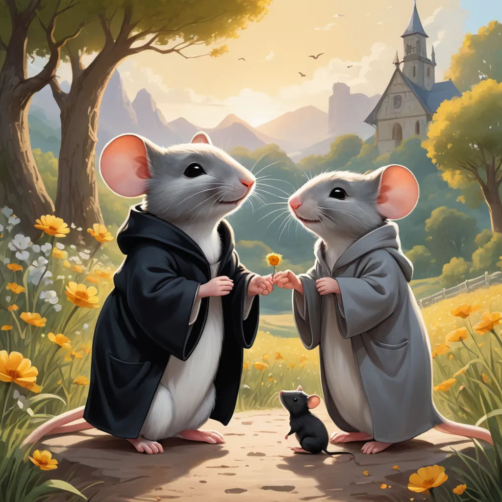 two mice are standing on a path in a field of flowers and trees, one of them is holding the hand of the other mouse, fantasy art, a storybook illustration, Brothers Hildebrandt, official art