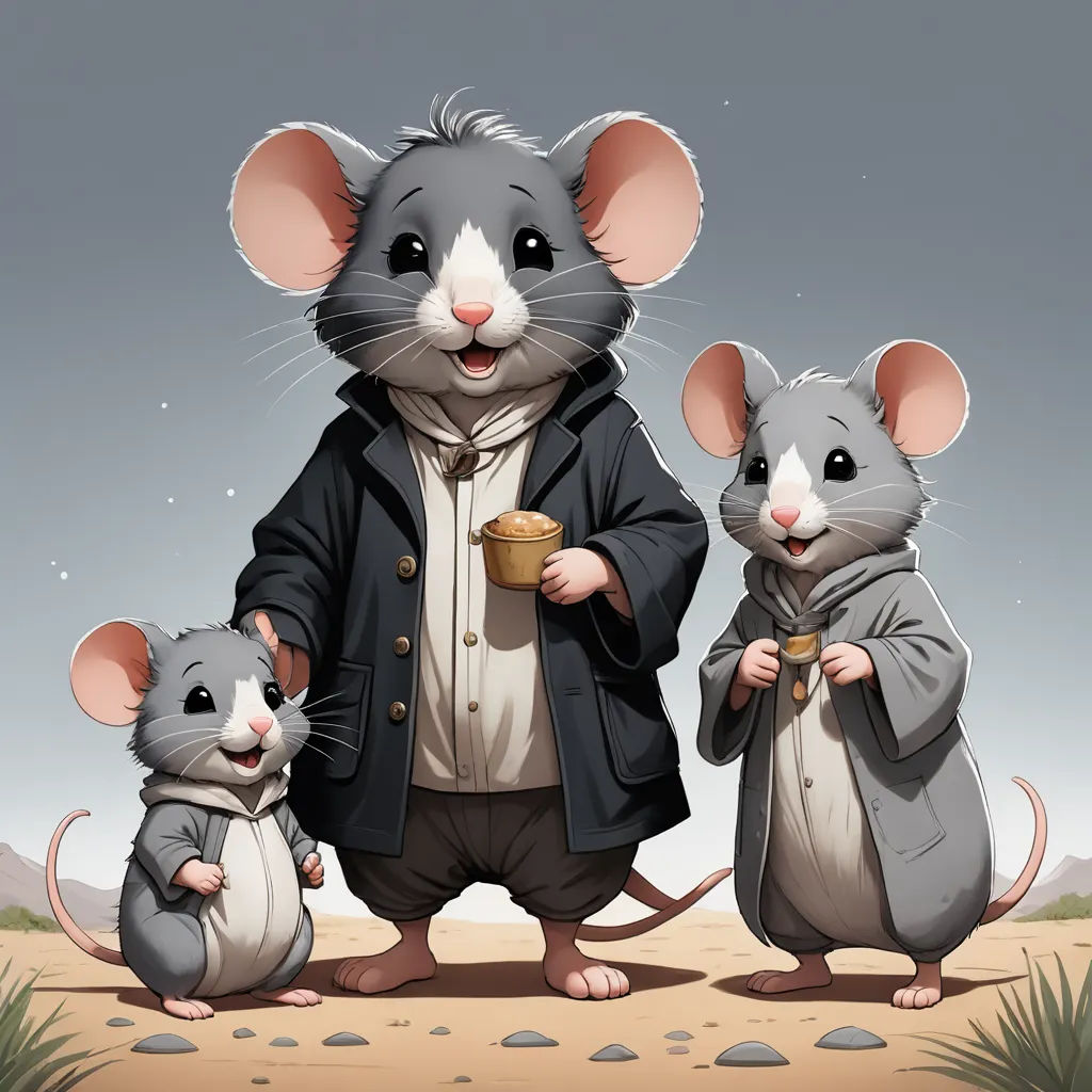 three mice are standing in the desert with a cup of coffee in their hands and a man in a coat, sots art, a storybook illustration, Colin Middleton, trending on art station
