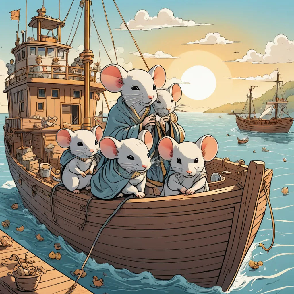 a group of mice riding on top of a boat in the ocean with a ship in the background and a boat in the water, fantasy art, a storybook illustration, Art Spiegelman, comic cover art