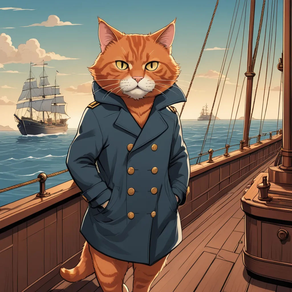 a cat in a coat is standing on a ship deck with a ship in the background and a ship in the distance, furry art, a character portrait, Chris LaBrooy, official art
