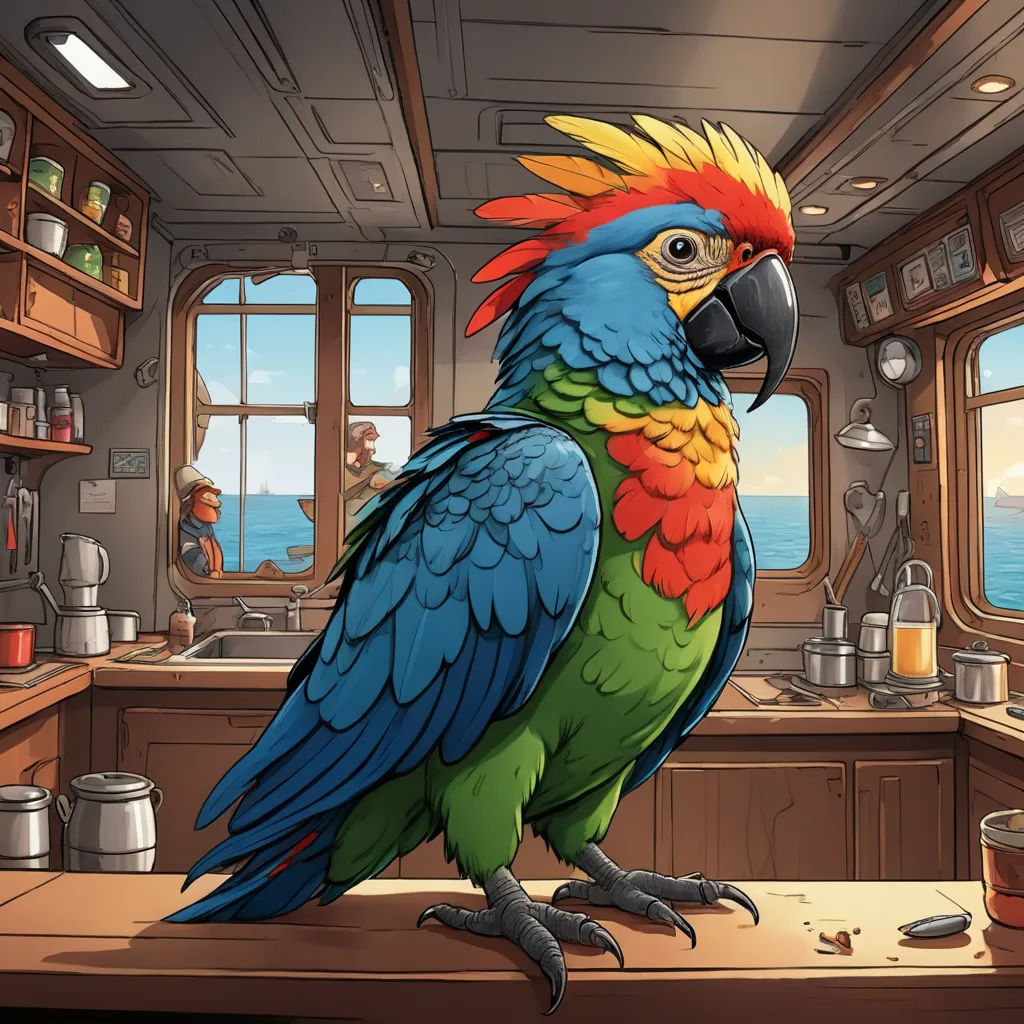 a colorful parrot sitting on a counter in a kitchen next to a window with a view of the ocean, sots art, a character portrait, Chris LaBrooy, highly detailed digital painting