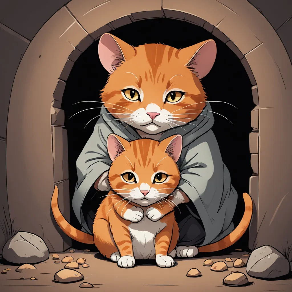 a cat and a kitten sitting in a cave with rocks and stones around it, looking at the camera, sots art, a storybook illustration, Dan Mumford, comic cover art