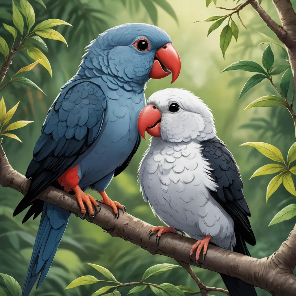 two birds are sitting on a branch in a forest together, one is blue and the other is white, fantasy art, a digital painting, Chris LaBrooy, birds