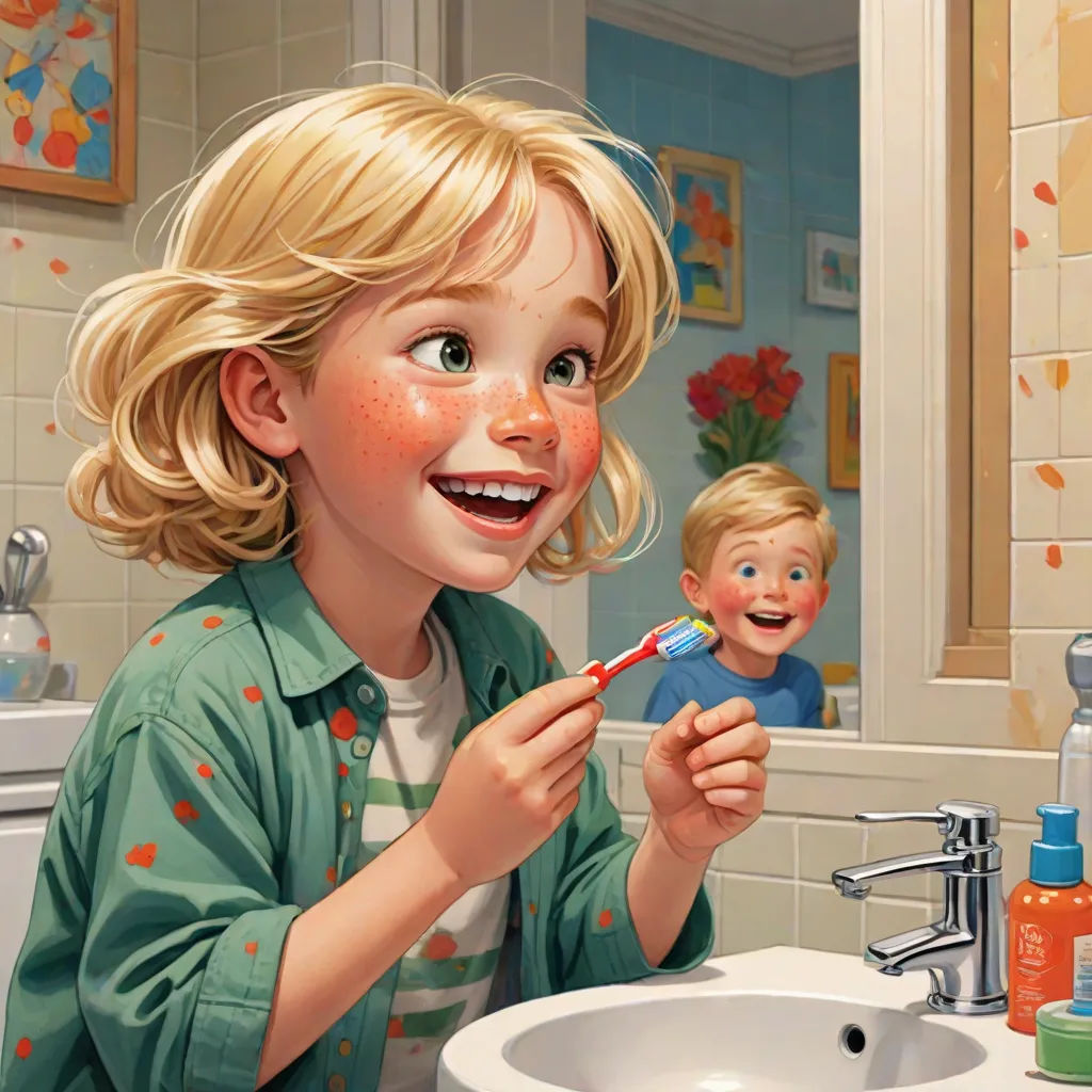 a painting of a child brushing her teeth in a bathroom with a doll in the mirror behind him and a sink, photorealism, a photorealistic painting, Chris LaBrooy, ultra realistic illustration