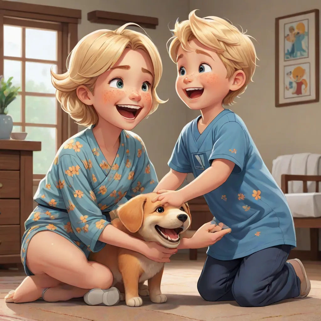 a boy and a girl petting a dog in a bedroom with a bed in the background and a dog on the floor, furry art, a detailed painting, Brothers Hildebrandt, official art