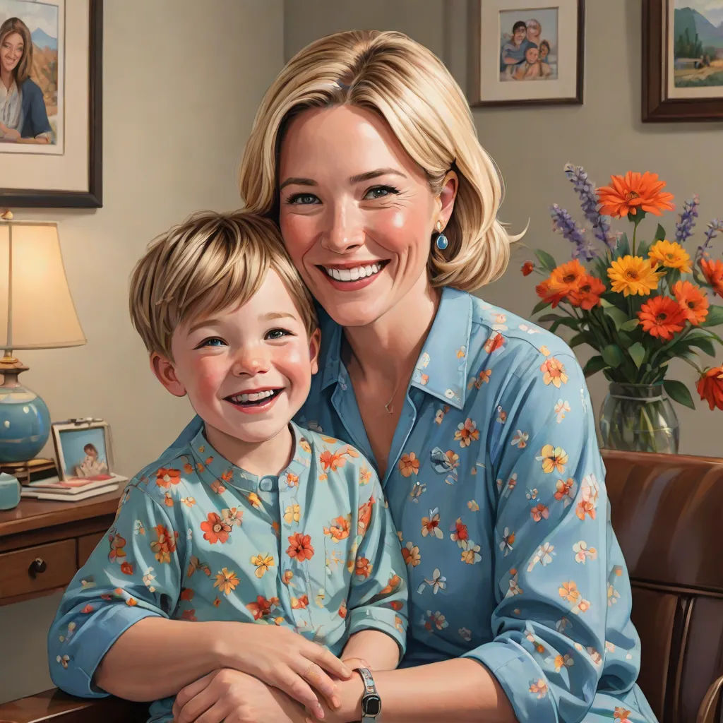 a woman and a boy are sitting on a couch together smiling at the camera and posing for a picture, photorealism, a photorealistic painting, F. Scott Hess, highly detailed digital painting