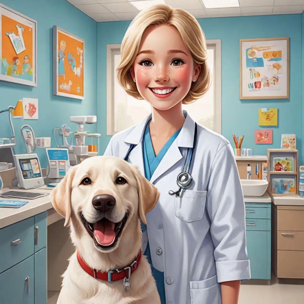 a cartoon of a woman in a lab with a dog in front of her and a doctor's office in the background, american scene painting, a storybook illustration, Dr. Atl, promotional image